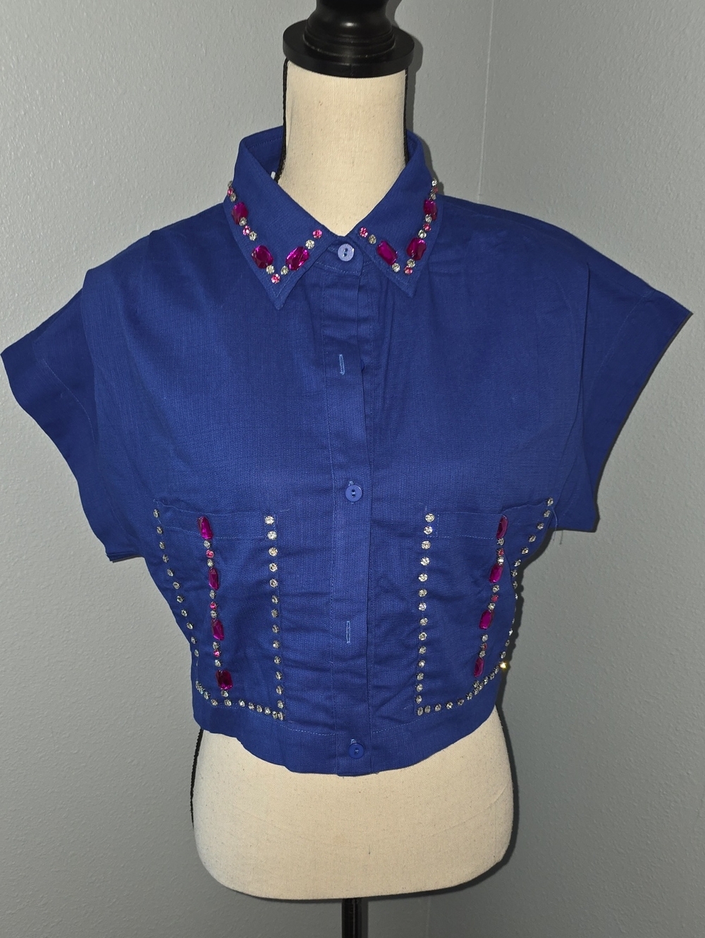 Jeweled Royal Blue Cropped Button-Up Top